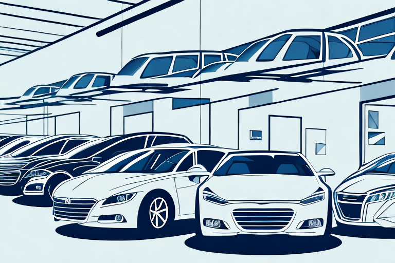 A car dealership with customers looking at cars in the showroom