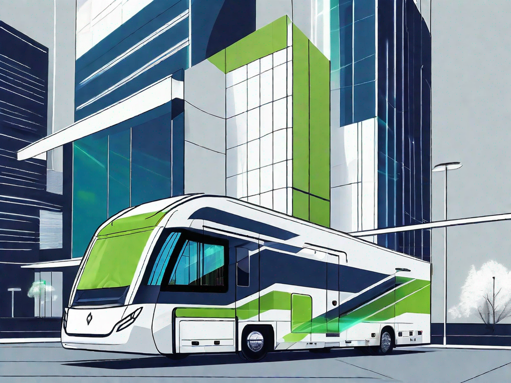 Tech Leadership: A Guide to Implementing RV Dealership Management Software 1 A sleek rv parked near a modern office building with digital interfaces and holographic screens floating around it