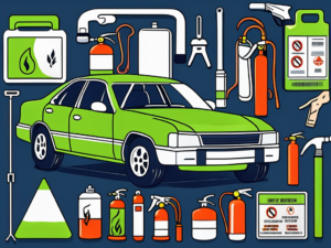 A car dealership with various safety signs and tools such as a fire extinguisher