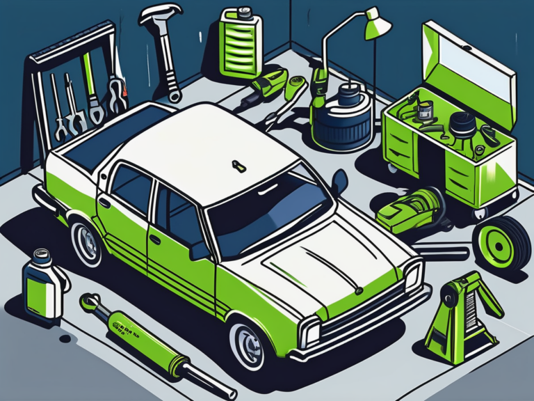 A car in a garage surrounded by various car maintenance tools like a wrench