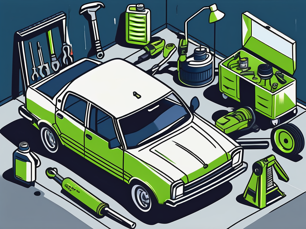 A car in a garage surrounded by various car maintenance tools like a wrench