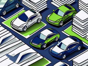 A car dealership with stacks of paperwork on one side and a sleek