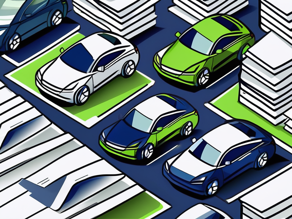 A car dealership with stacks of paperwork on one side and a sleek