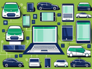 A car dealership with various digital devices like a smartphone