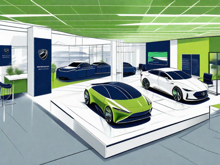 A new car dealership with various types of cars displayed in a well-organized manner