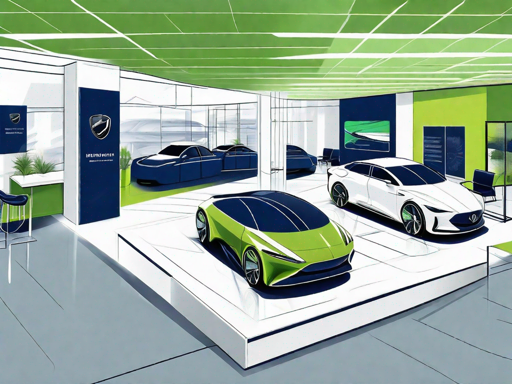 A new car dealership with various types of cars displayed in a well-organized manner