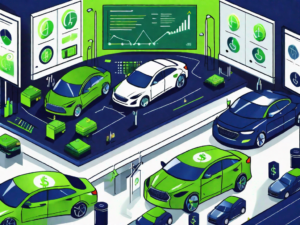 A used car dealership with a computer screen showing an accounting software interface