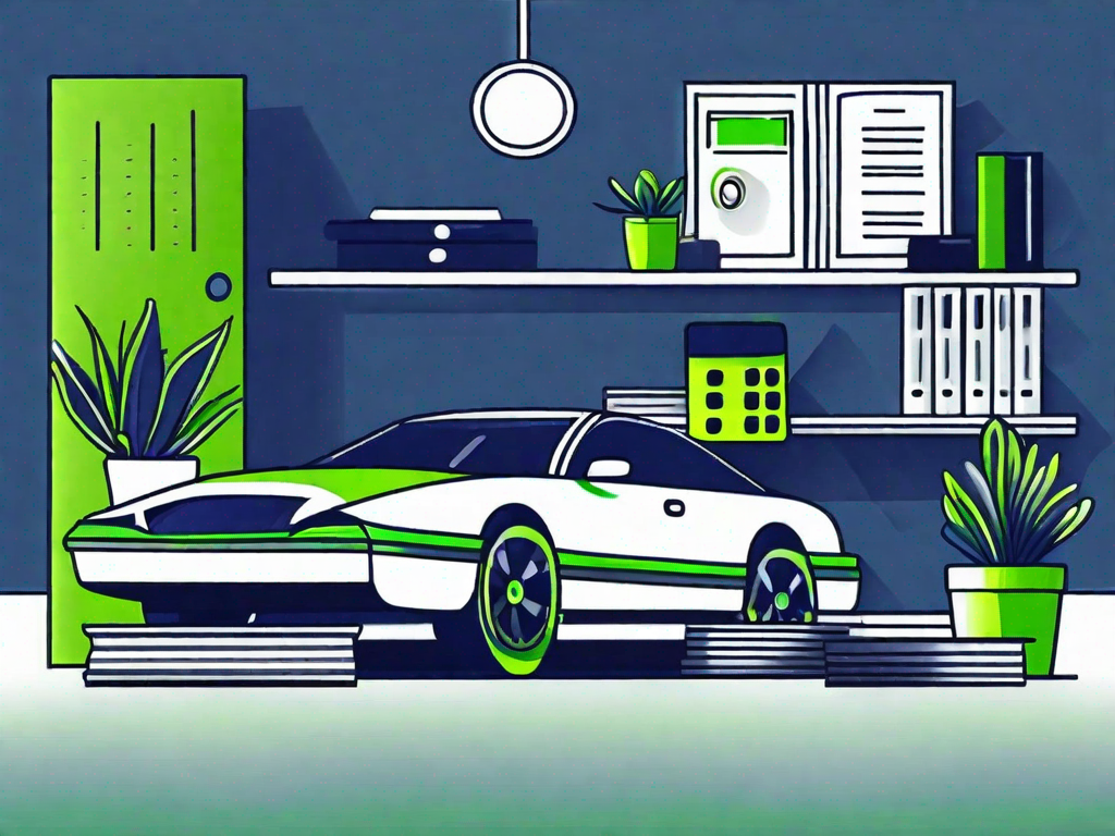 A car dealership with a ledger book and calculator